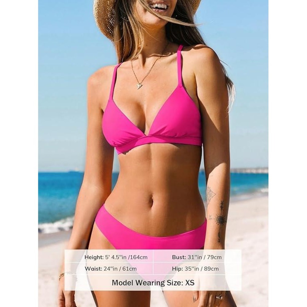 Cupshe Two Piece Bikini Set Low Rise Crisscross Back Tie‎ Hot Pink Size Medium